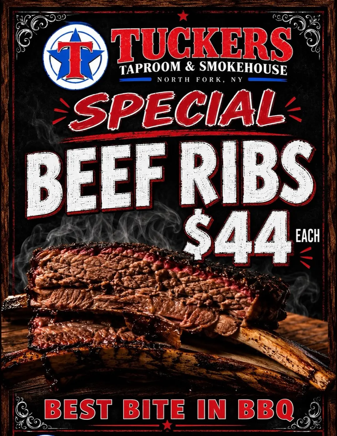 Tucker's special beef ribs flyer, $44 each.