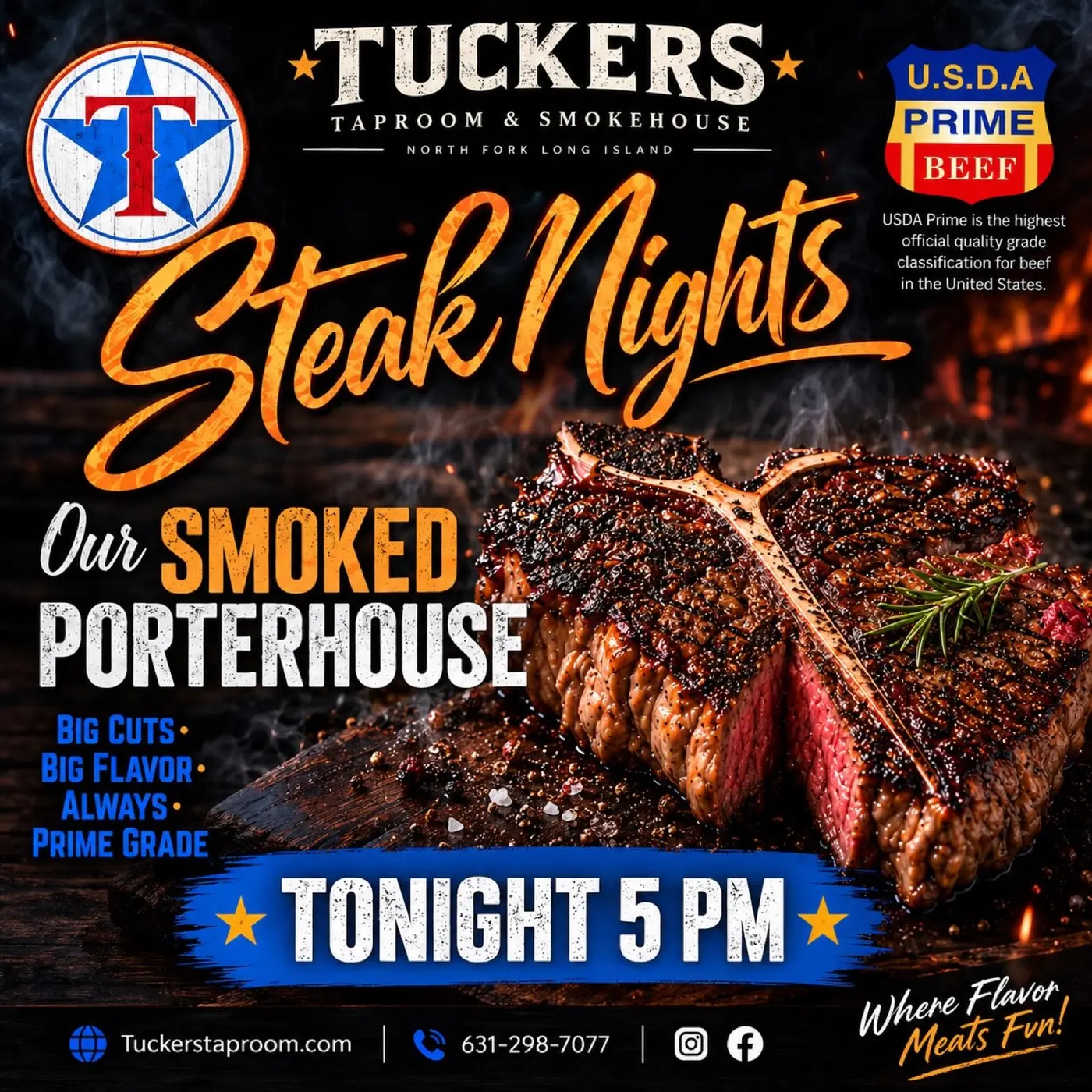 Tucker's Steak Nights flyer featuring a smoked USDA Prime porterhouse.